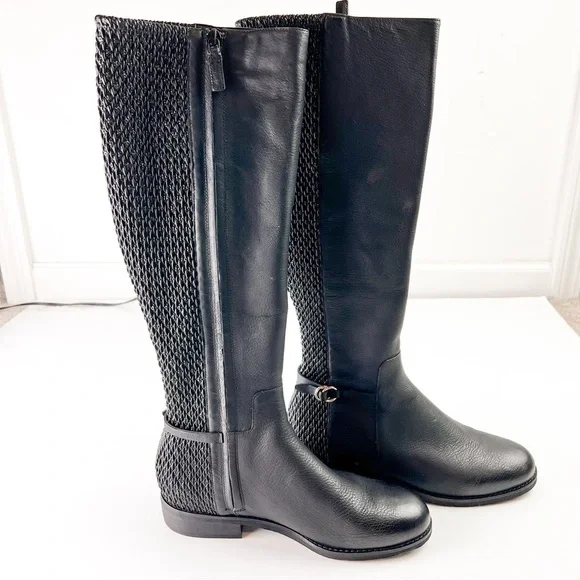 Cole Haan Boots womens 7 Isabell Stretch Black Leather Knee High Riding Boots